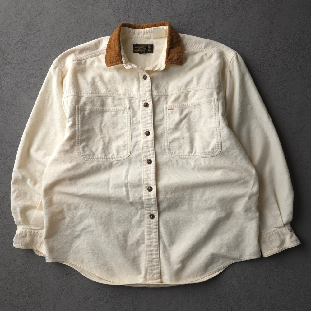 Vintage 90s Eddie Bauer Cream Button Up Shirt Small Corduroy Collar
